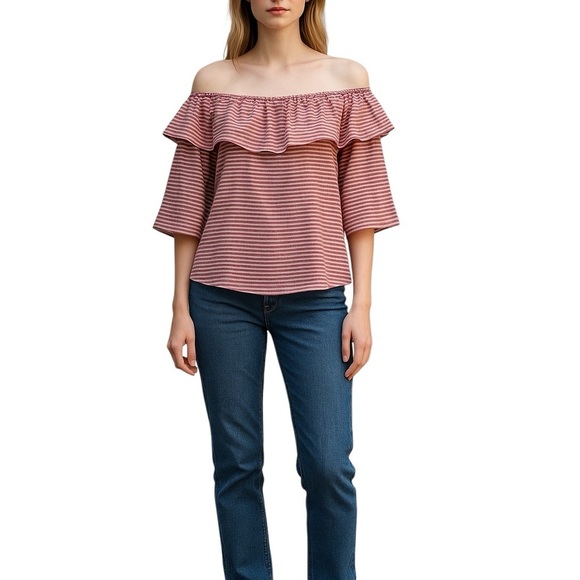 Lovers + Friends XS Red and White Striped Off the Shoulder Blouse - Picture 1 of 4
